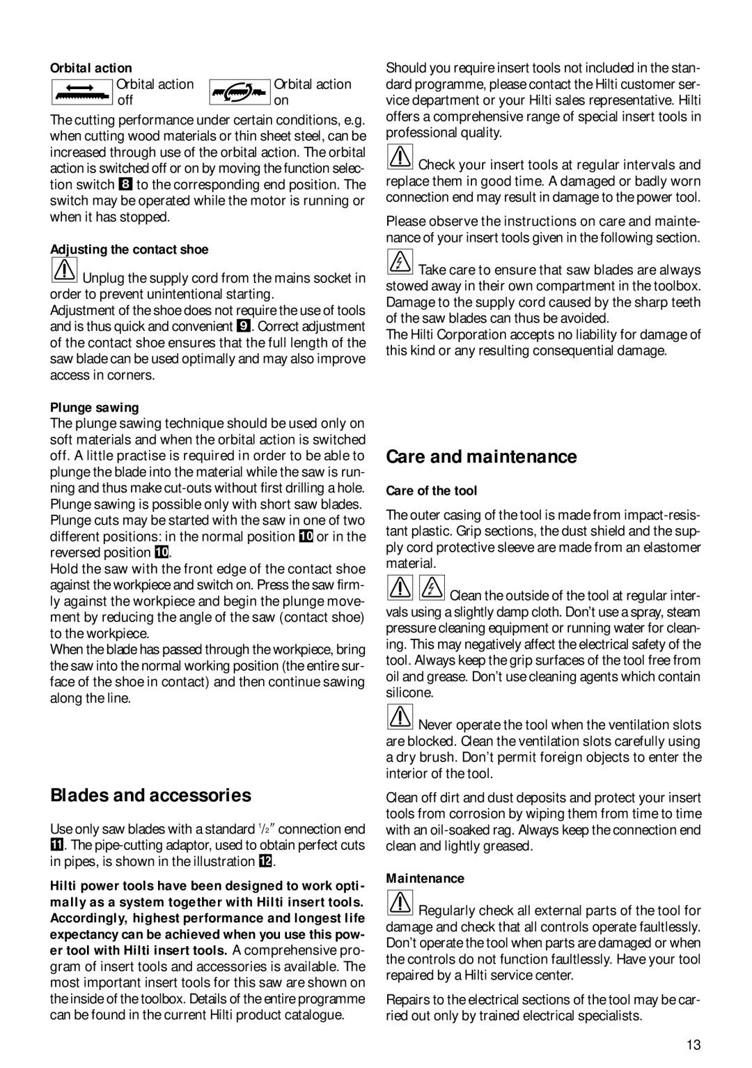 Hilti WSR1200-PE operating instructions Blades and accessories, Care and maintenance 