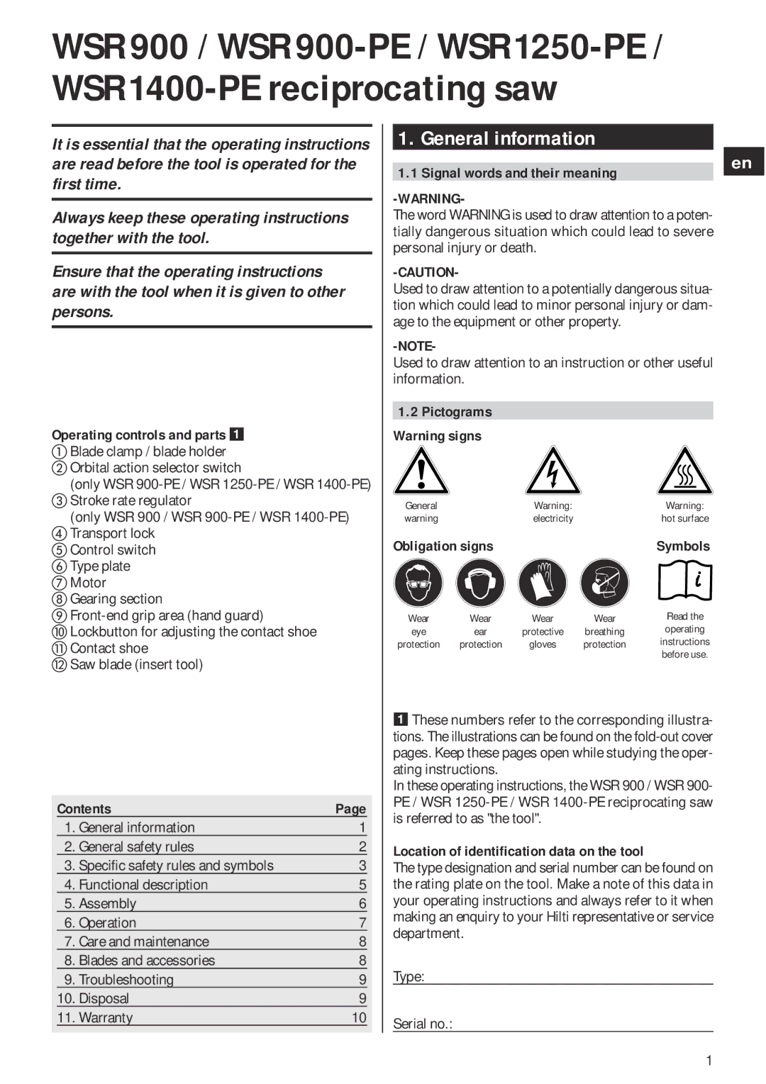 Hilti WSR1400-PE, WSR900-PE, WSR1250-PE General information, Signal words and their meaning, Contents, Obligation signs 