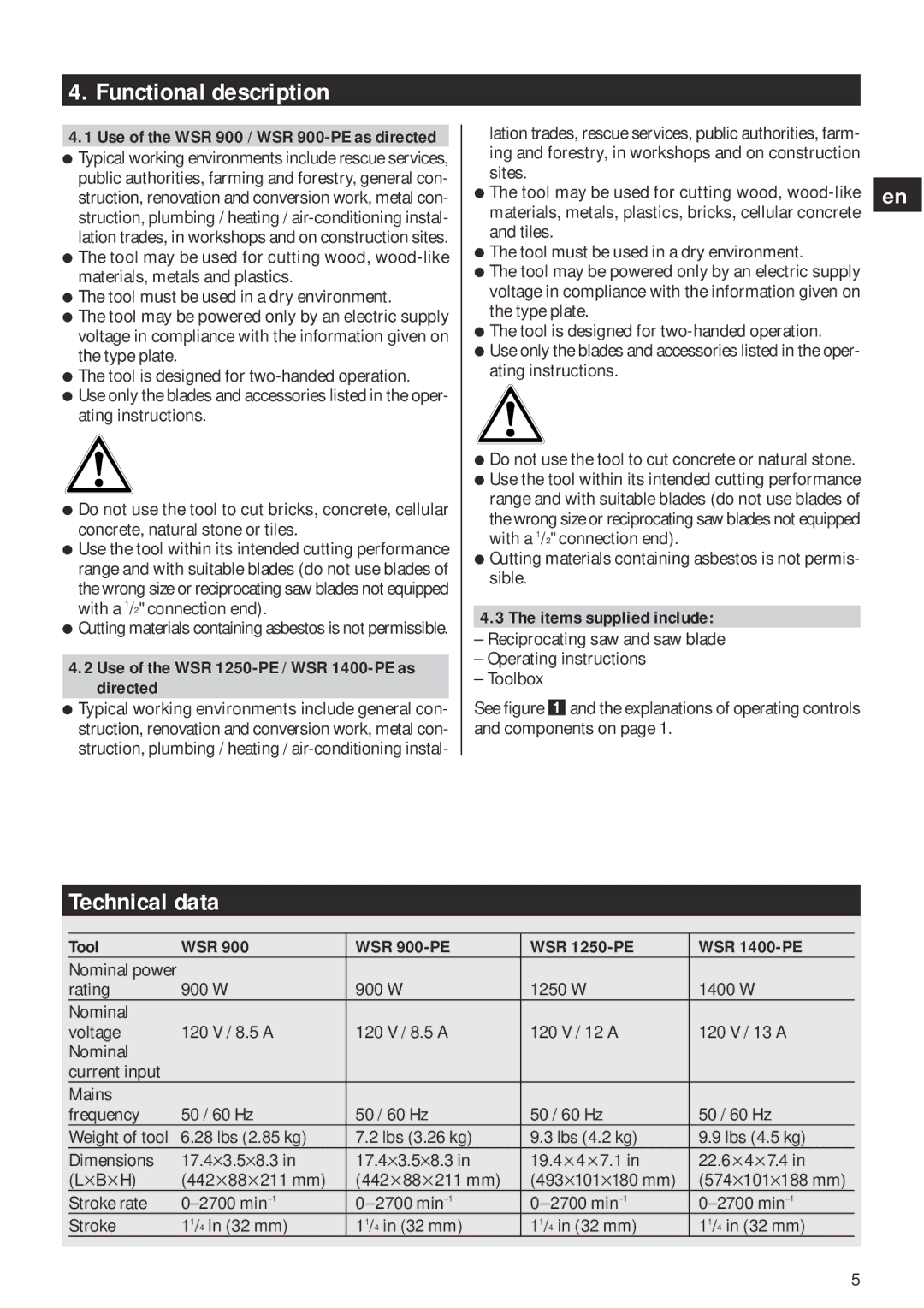 Hilti WSR1400-PE, WSR900-PE Functional description, Technical data, Use of the WSR 1250-PE / WSR 1400-PE as directed 