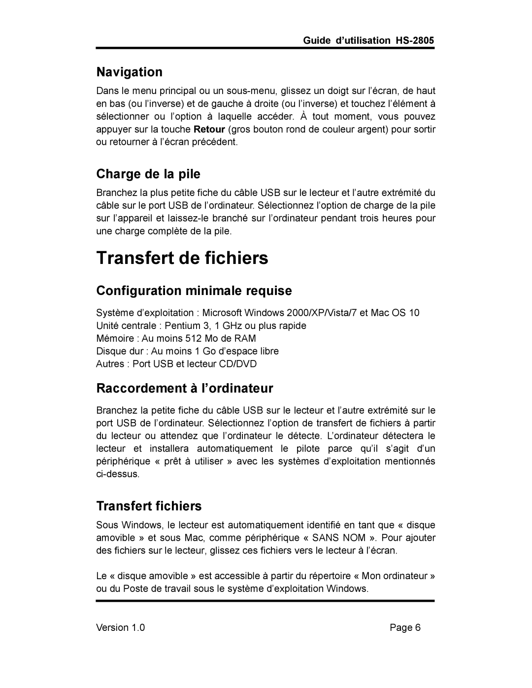 Hip Street HS-2805 Transfert de fichiers, Charge de la pile, Configuration minimale requise, Raccordement à l’ordinateur 