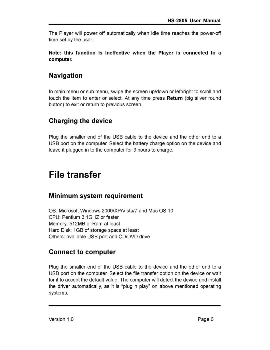 Hip Street HS-2805 File transfer, Navigation, Charging the device, Minimum system requirement, Connect to computer 