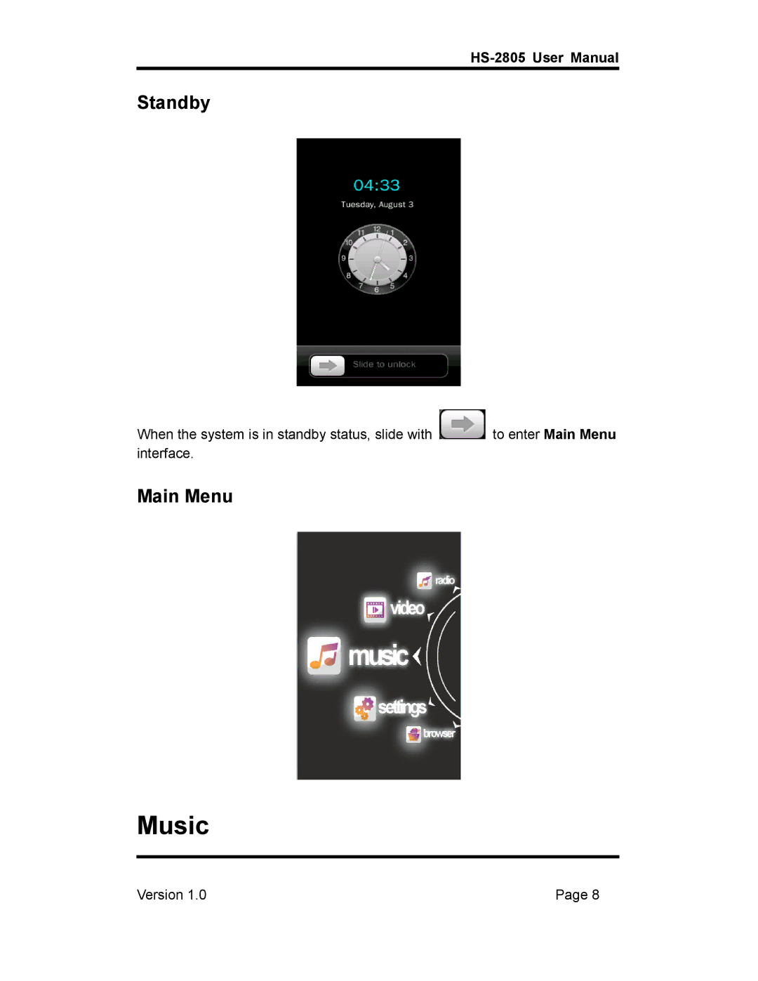 Hip Street HS-2805 user manual Music, Standby, Main Menu 