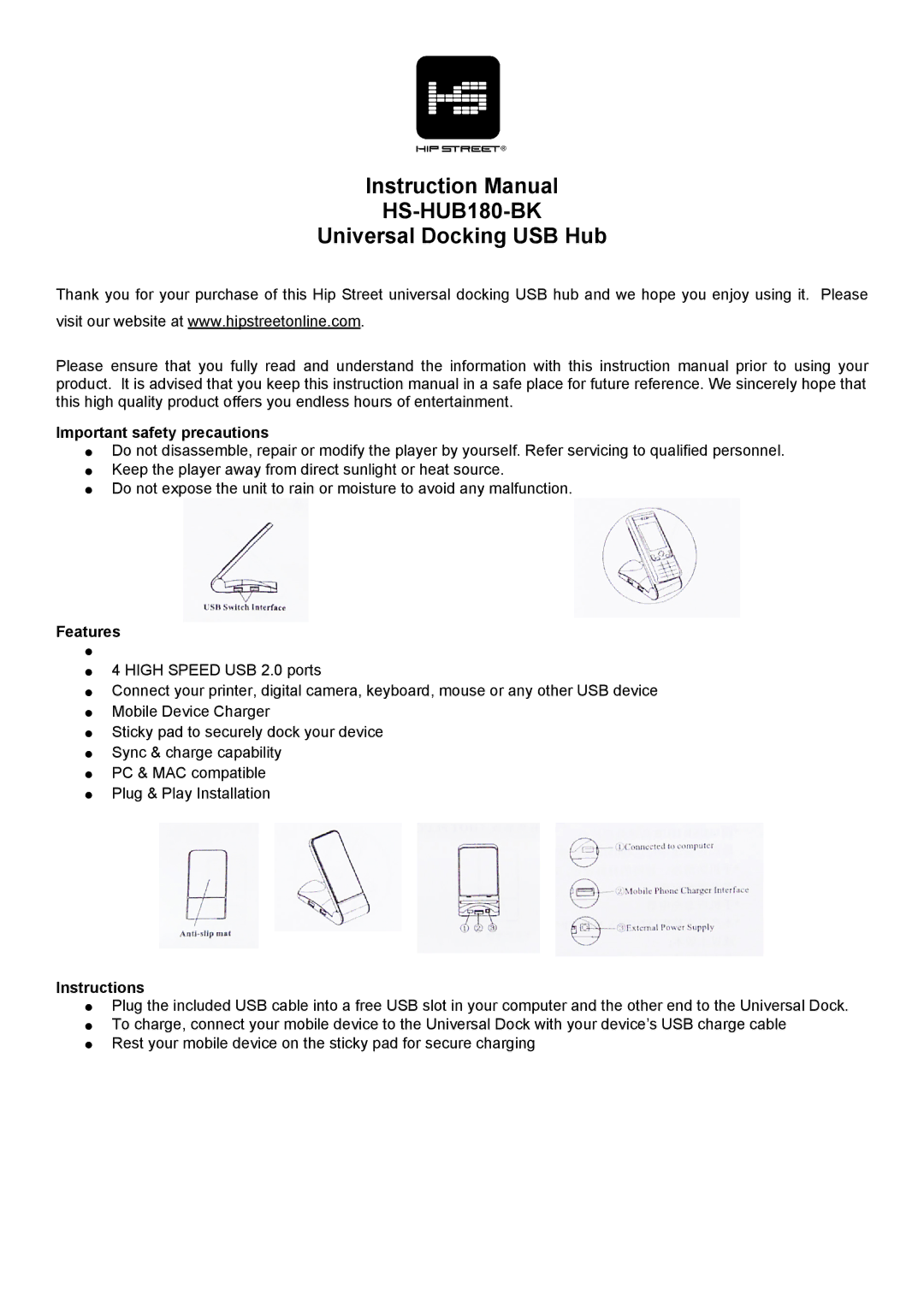 Hip Street HS-HUB180-BK instruction manual Universal Docking USB Hub, Important safety precautions, Features, Instructions 