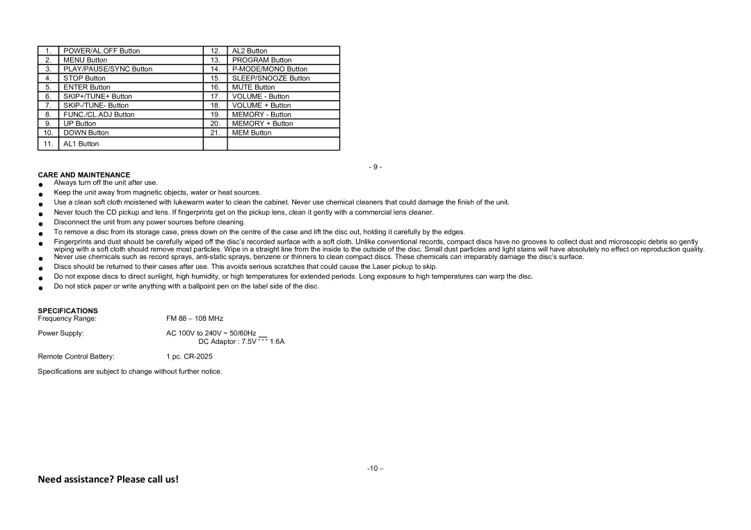 Hip Street HS-IPMS2029 instruction manual Care and Maintenance, Specifications 