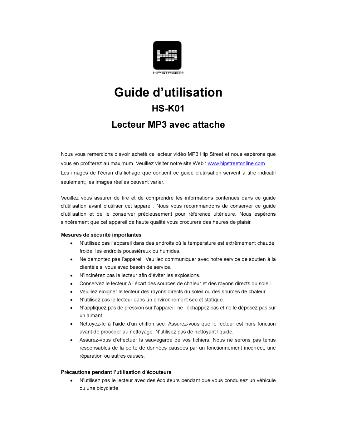 Hip Street HS-K01 instruction manual Guide d’utilisation 