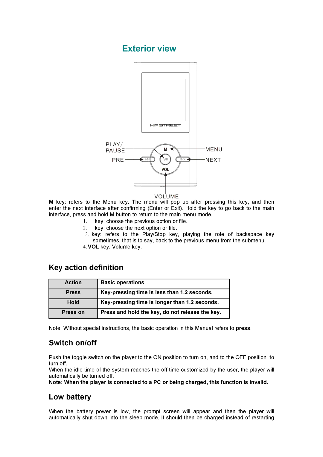 Hip Street HS-T29-2GBBL manual Exterior view, Key action definition, Switch on/off, Low battery 