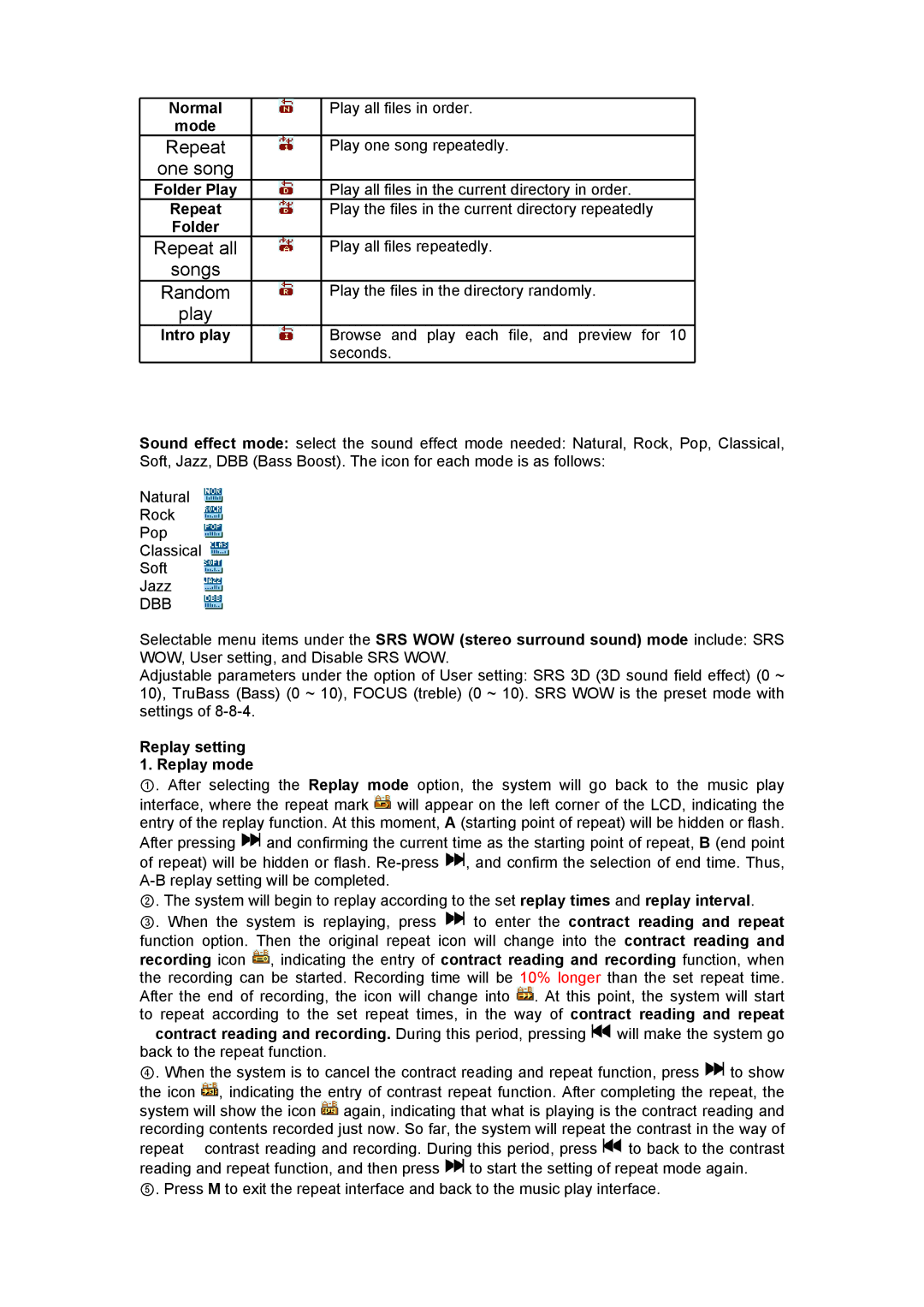 Hip Street HS-T29-2GBBL manual Normal, Mode, Intro play, Replay setting 1. Replay mode 