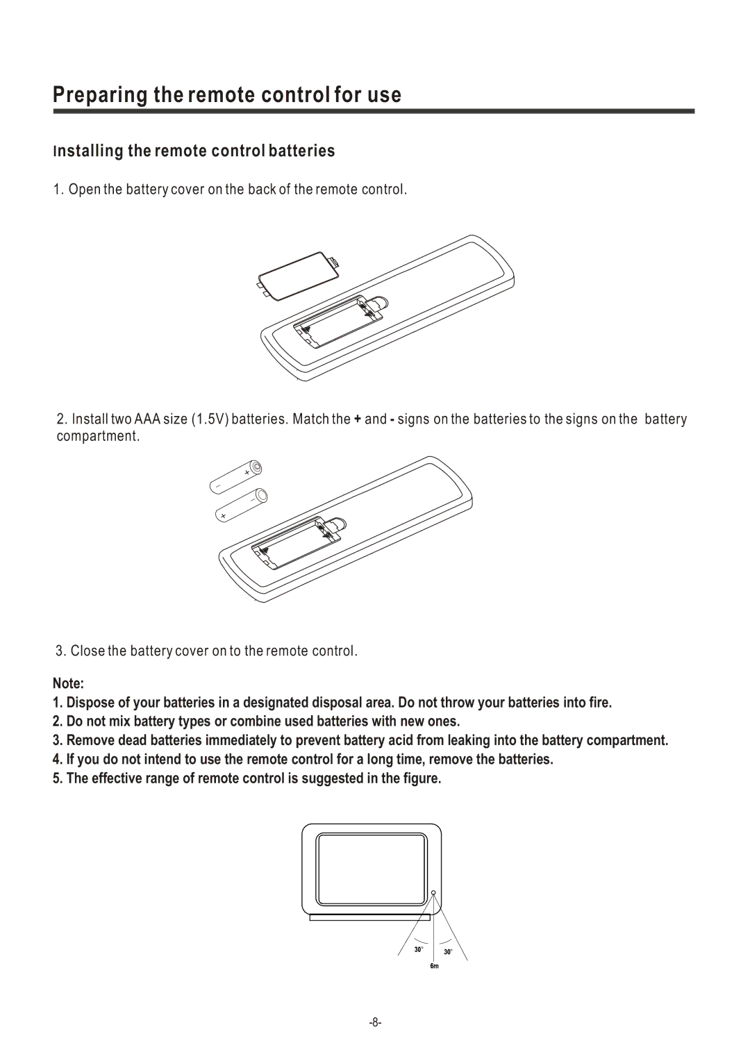 Hisense Group C2005US owner manual Preparing the remote control for use, Installing the remote control batteries 