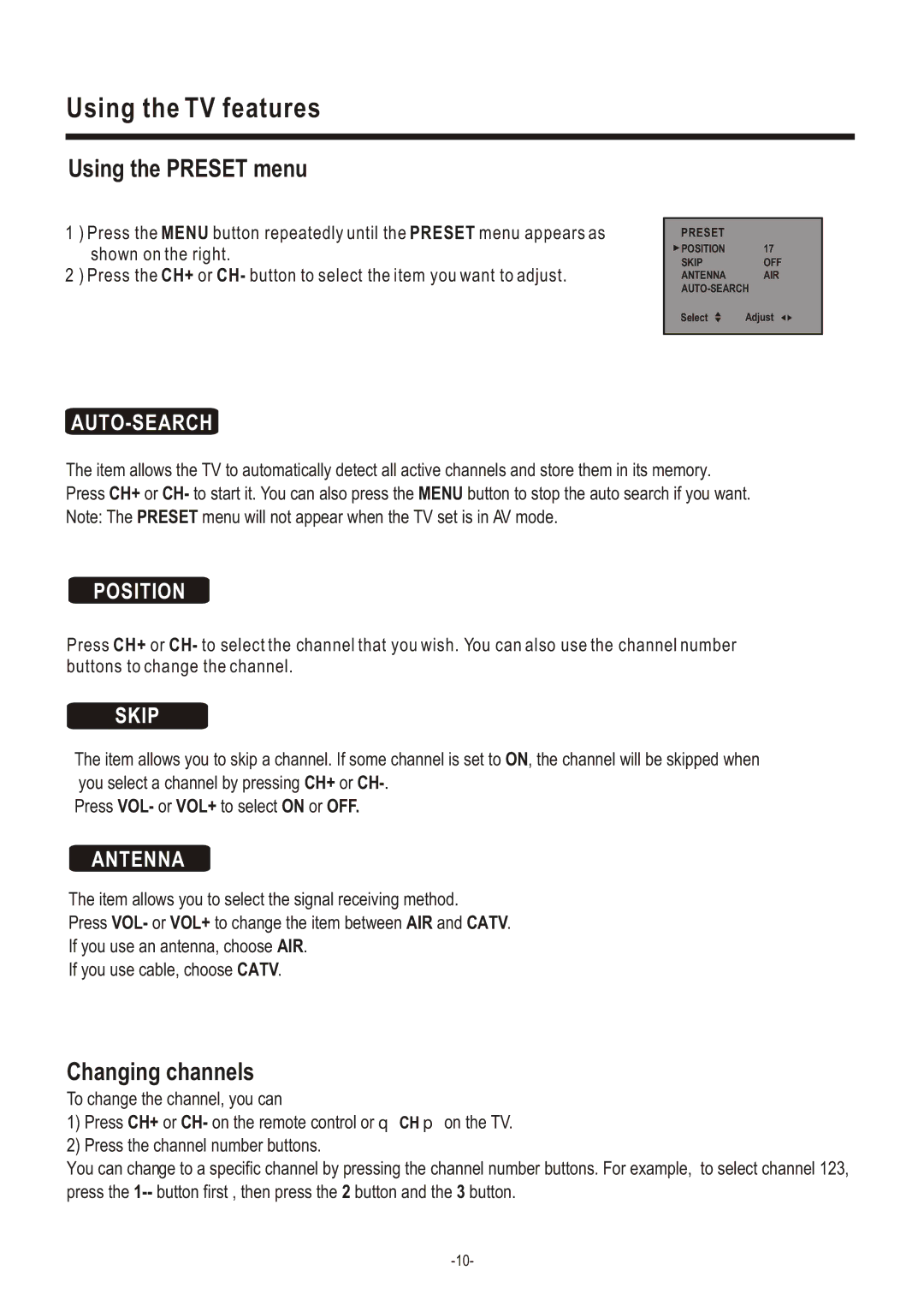 Hisense Group C2005US owner manual Using the Preset menu, Changing channels 