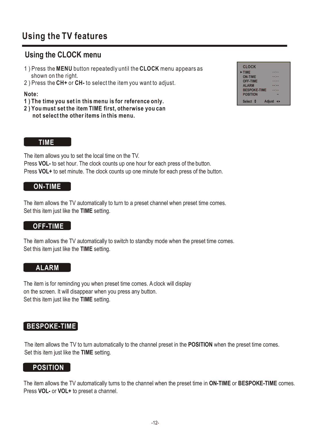 Hisense Group C2005US owner manual Using the Clock menu, Time 