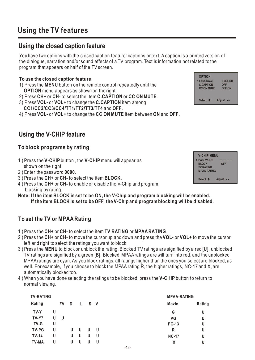 Hisense Group C2005US owner manual Using the closed caption feature, Using the V-CHIP feature, To block programs by rating 