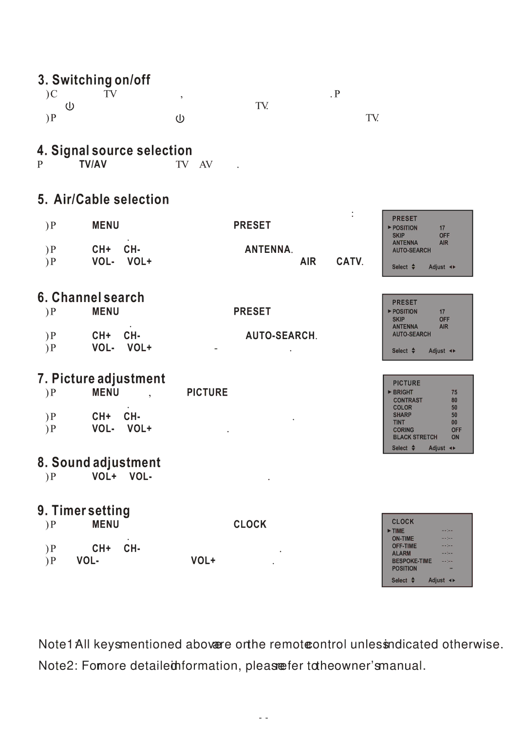 Hisense Group C2005US Switching on/off, Signal source selection, Air/Cable selection, Channel search, Picture adjustment 