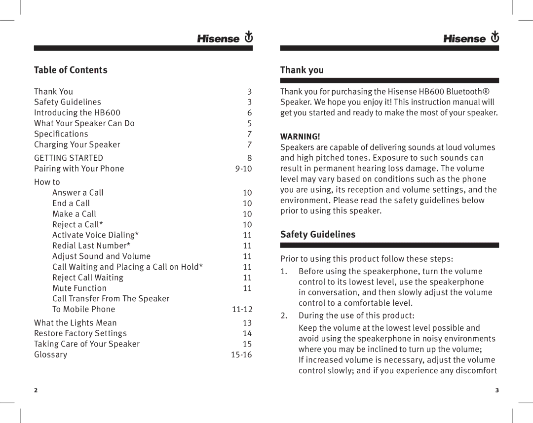 Hisense Group HB600 manual Table of Contents, Thank you, Safety Guidelines 