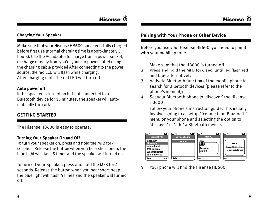 Hisense Group HB600 manual Pairing with your phone or other device, Charging Your Speaker, Auto power off 