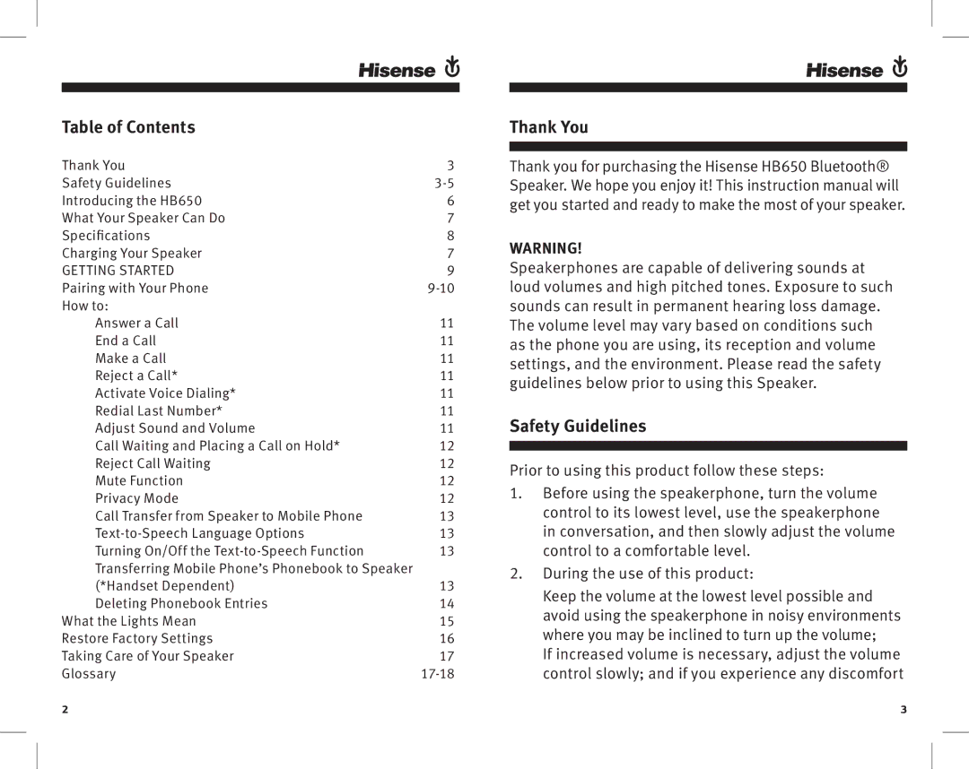 Hisense Group HB650 manual Table of Contents, Thank you, Safety Guidelines 