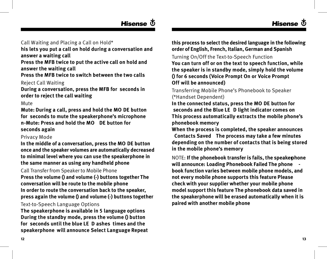 Hisense Group HB650 manual Call waiting and Placing a Call on Hold, Reject Call Waiting, Mute, Privacy Mode 