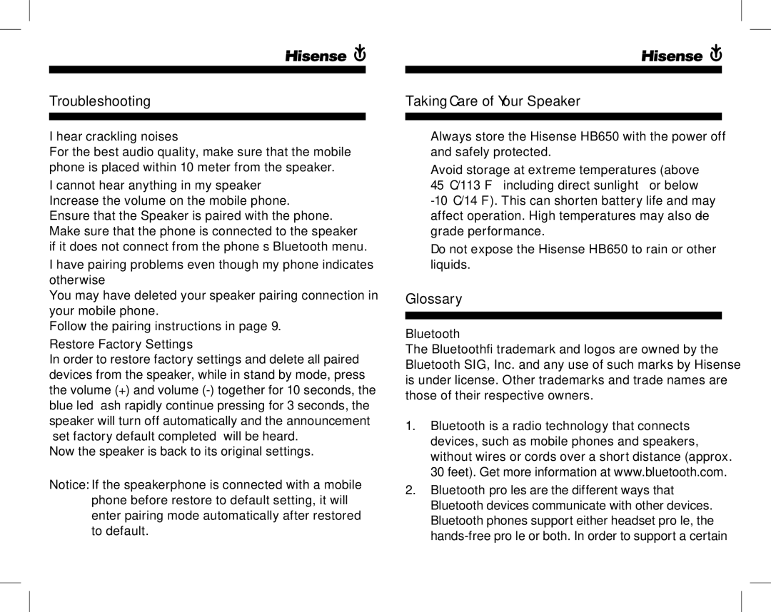 Hisense Group HB650 manual Troubleshooting, Taking care of your Speaker, Glossary 