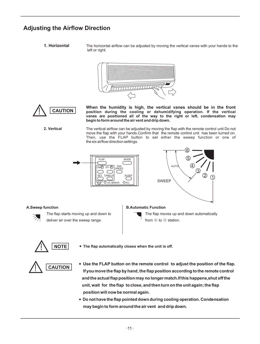 Hisense Group KF 346GWE Adjusting the Airflow Direction, Horizontal, Vertical, Sweep function, Automatic Function 