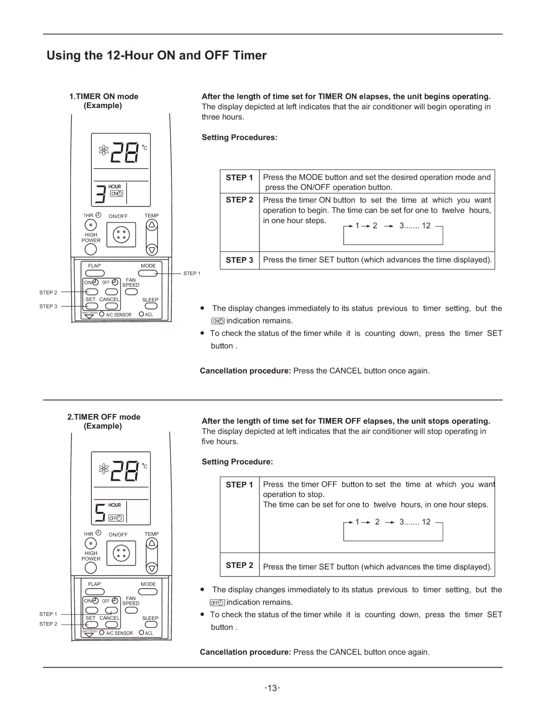 Hisense Group KF 346GWE instruction manual Using the 12-Hour on and OFF Timer, Setting Procedures 