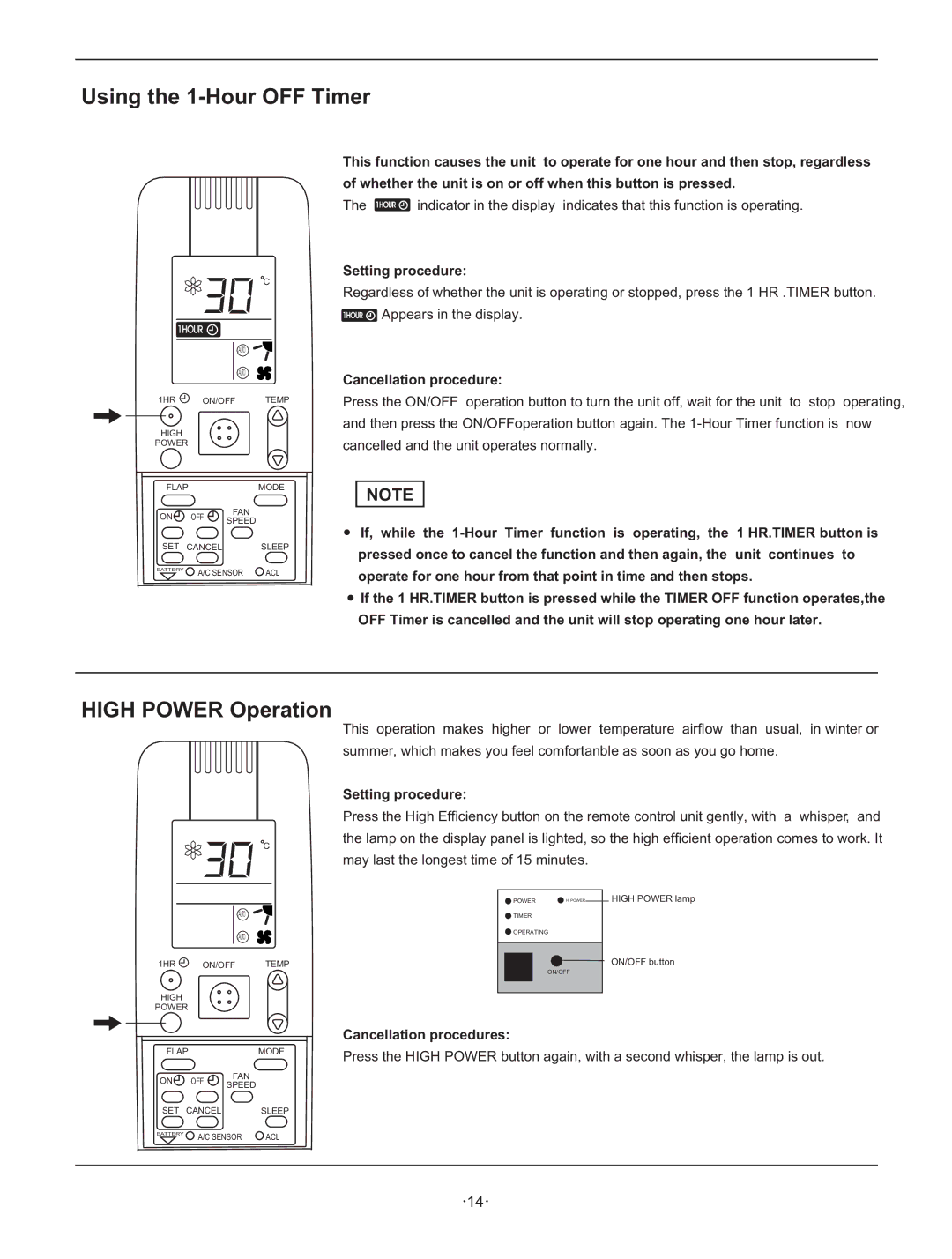 Hisense Group KF 346GWE instruction manual Using the 1-Hour OFF Timer, High Power Operation, Cancellation procedures 