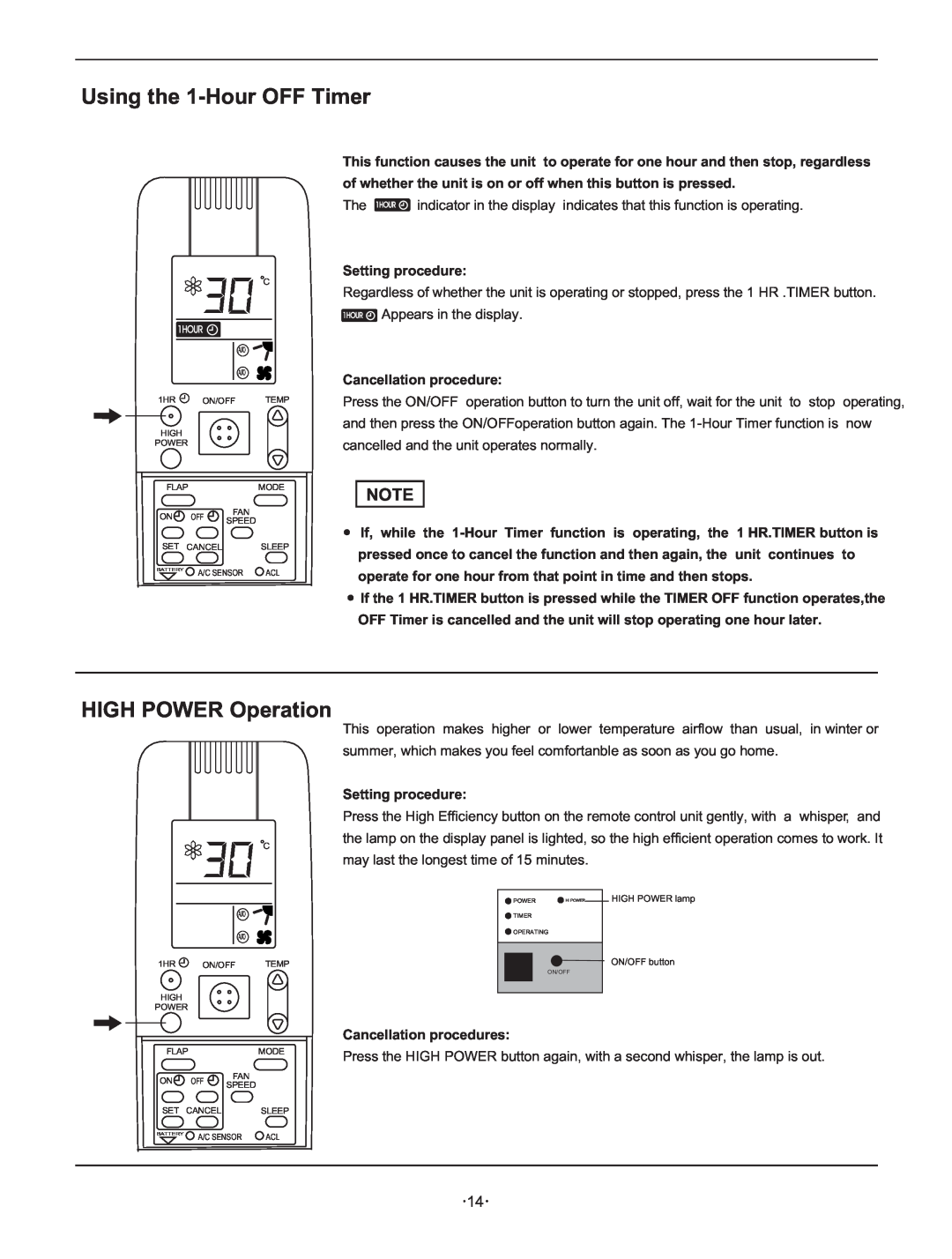 Hisense Group KF 346GWE instruction manual Using the 1-HourOFF Timer, HIGH POWER Operation 