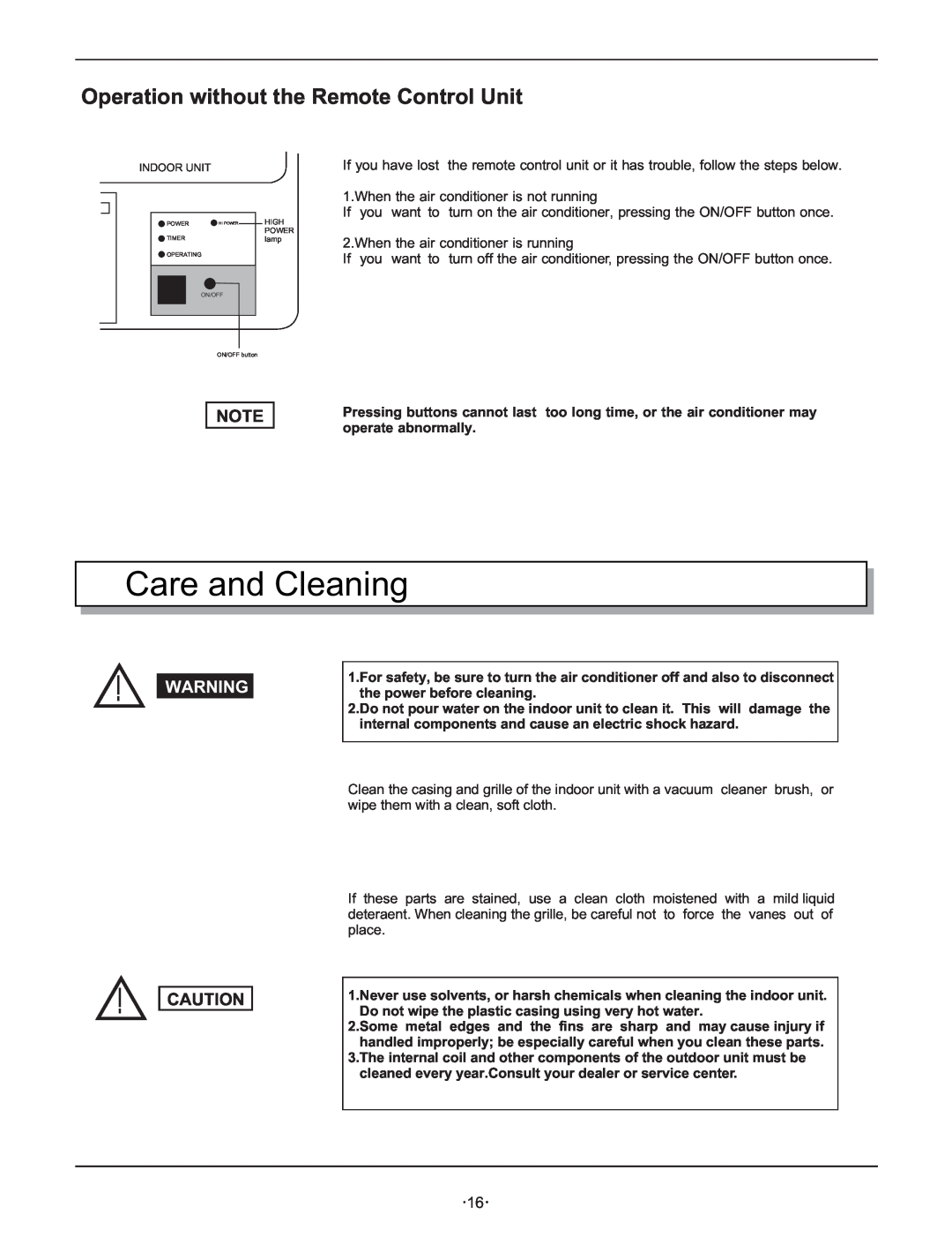 Hisense Group KF 346GWE instruction manual Care and Cleaning, Operation without the Remote Control Unit 