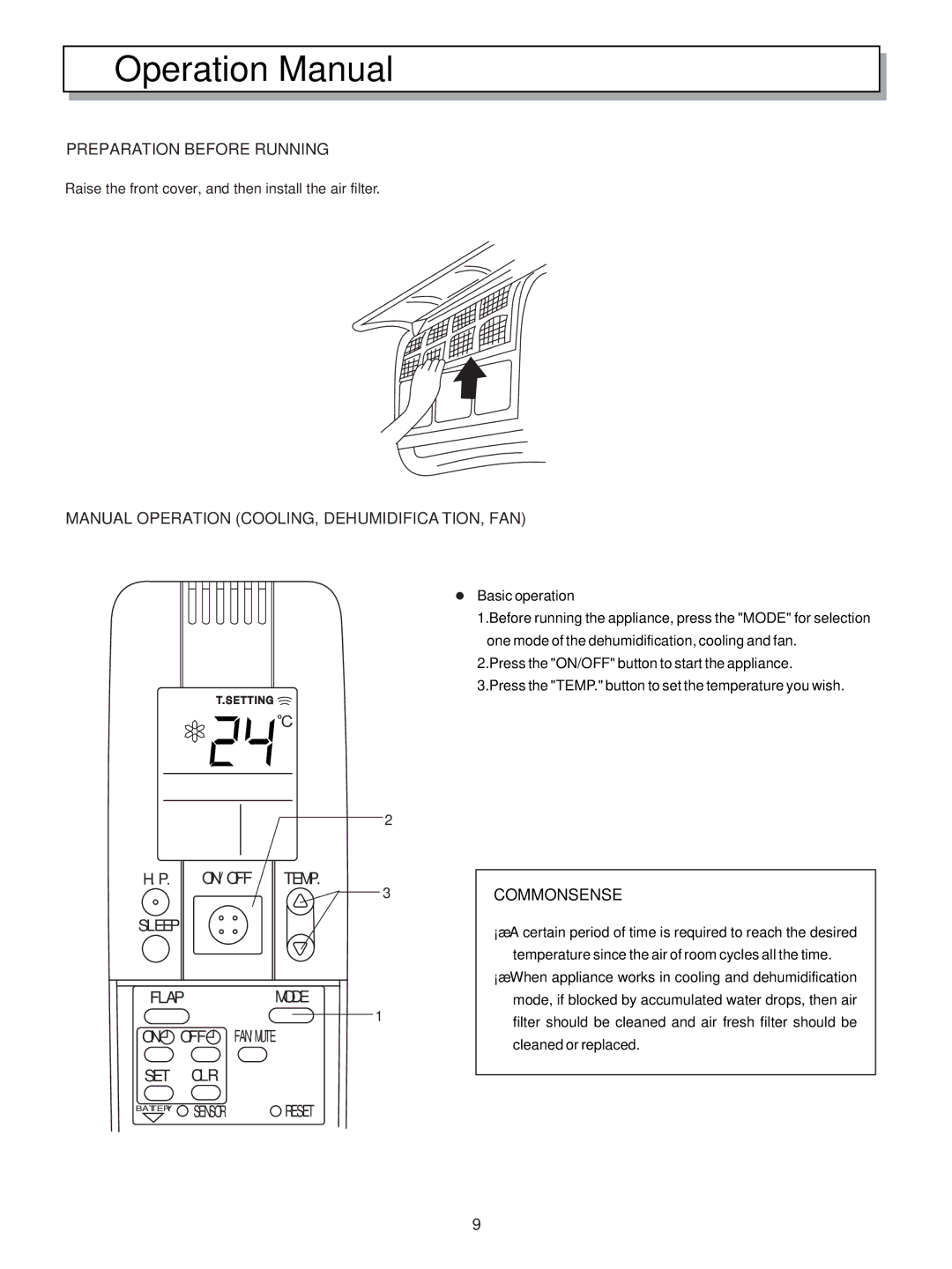 Hisense Group KF-5002GWE manual Preparation Before Running, Manual Operation COOLING, DEHUMIDIFICATION, FAN 