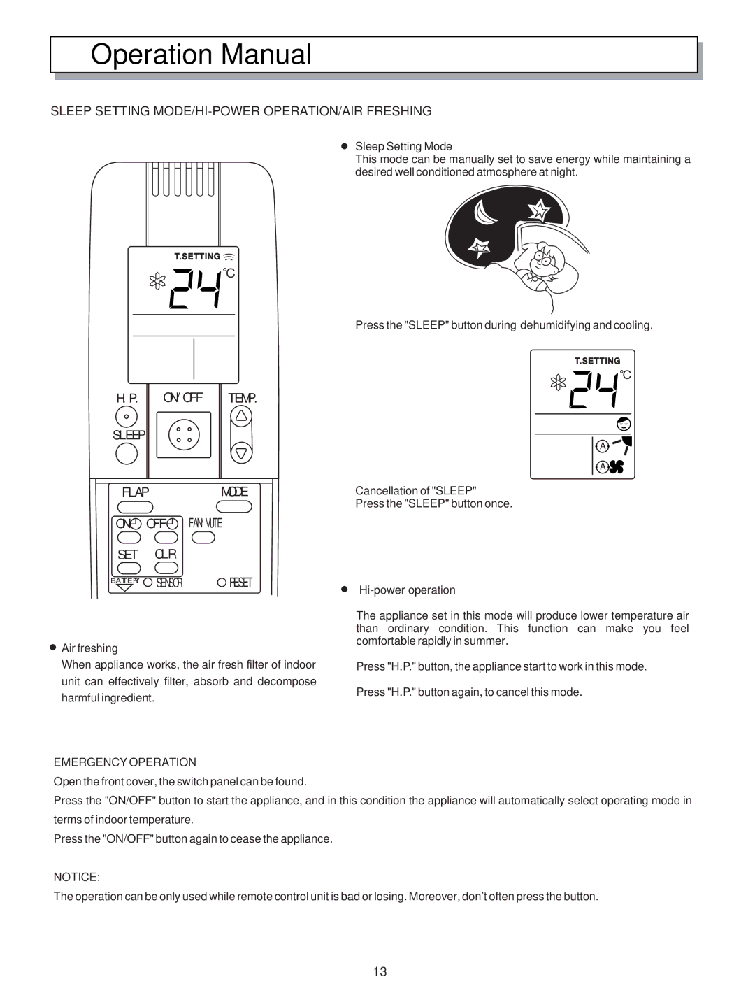 Hisense Group KF-5002GWE manual Temp, Sleep Setting MODE/HI-POWER OPERATION/AIR Freshing 