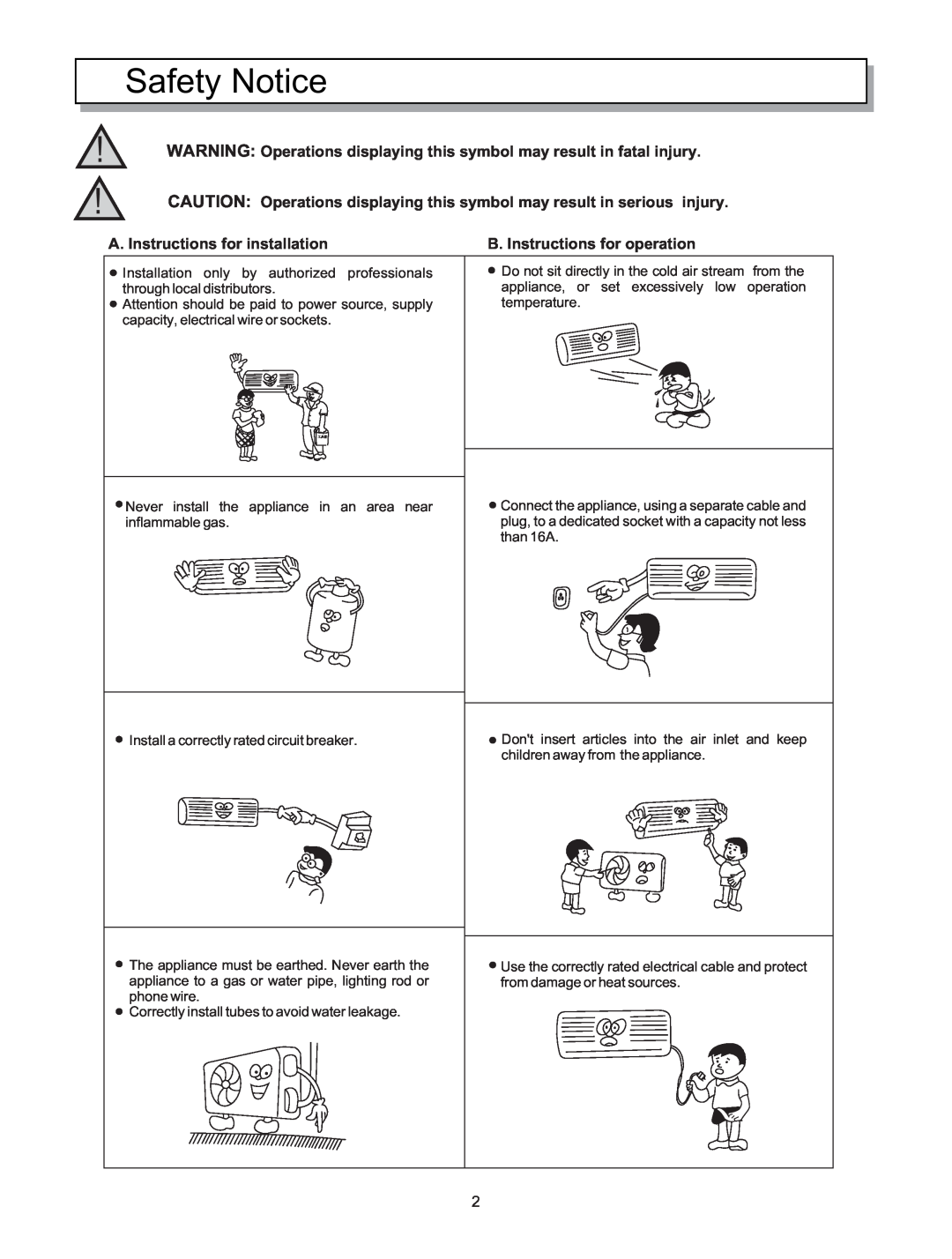 Hisense Group KF-5002GWE manual Safety Notice, A. Instructions for installation, B. Instructions for operation 