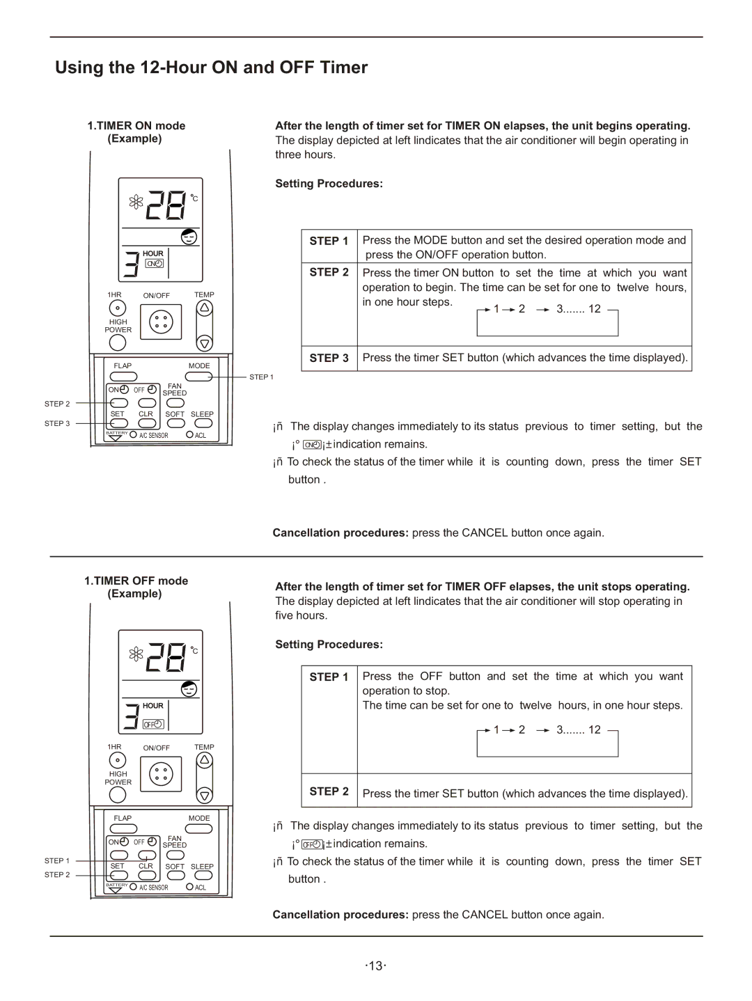 Hisense Group KFR 2601GW/BPE, KFR 2801GW/BPE instruction manual Using the 12-Hour on and OFF Timer, Setting Procedures 