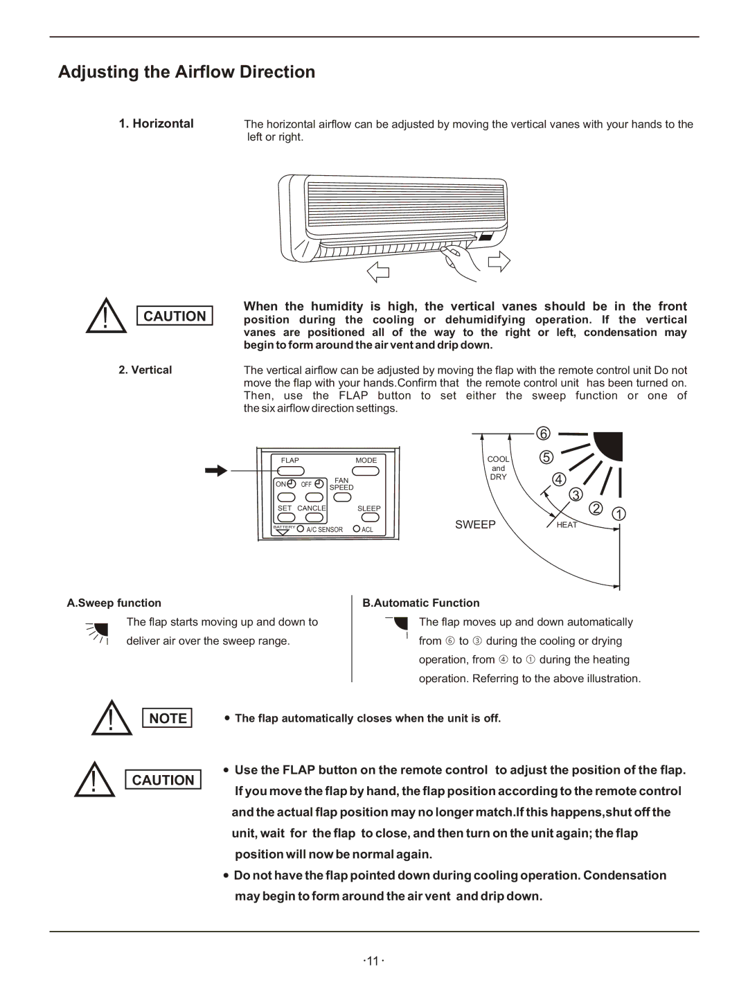 Hisense Group KFR 2101GWE Adjusting the Airflow Direction, Horizontal, Vertical, Sweep function, Automatic Function 