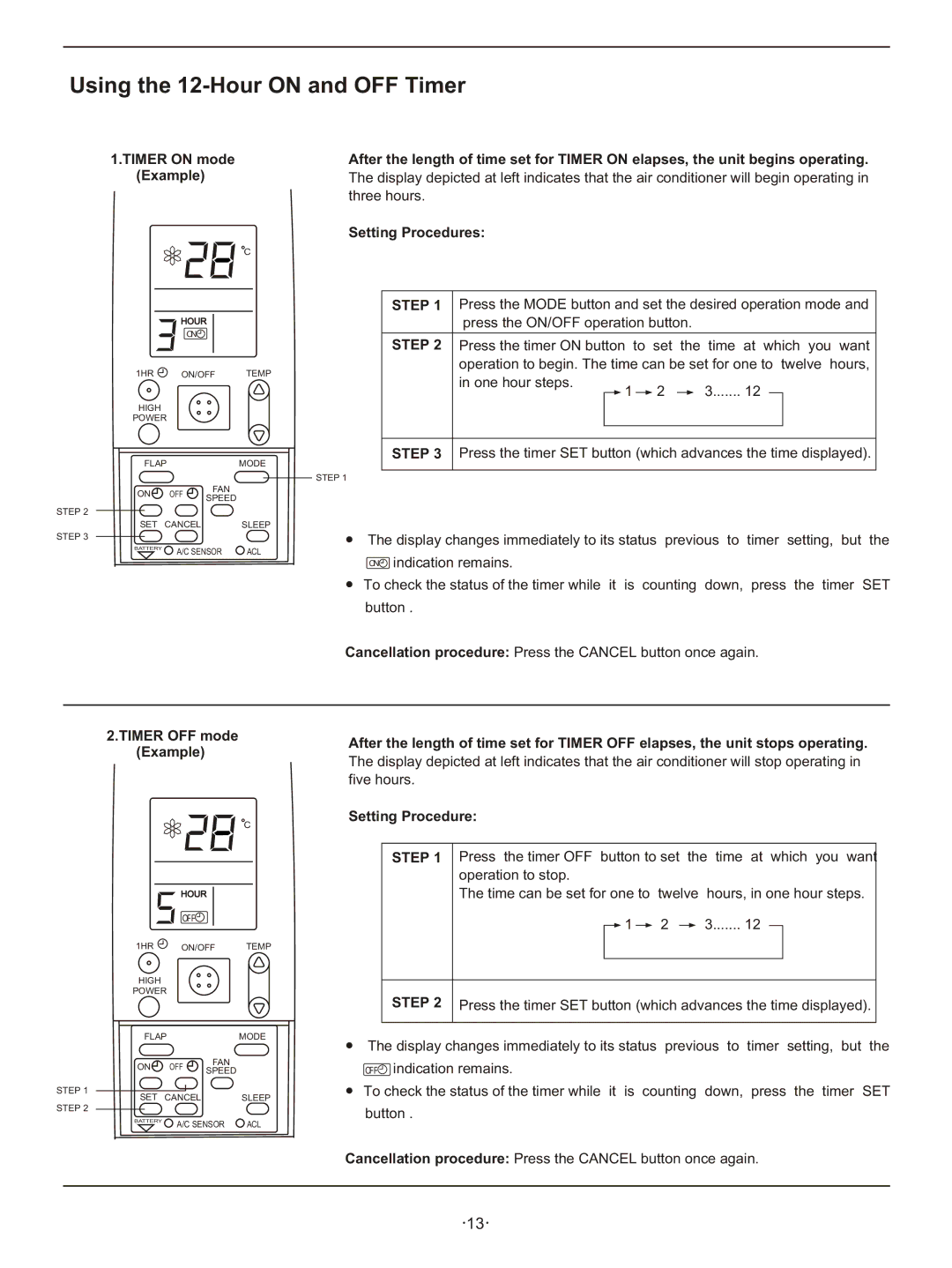 Hisense Group KFR 3201GWE, KFR 33GWE, KFR 28GWE, KFR 2101GWE Using the 12-Hour on and OFF Timer, Setting Procedures 