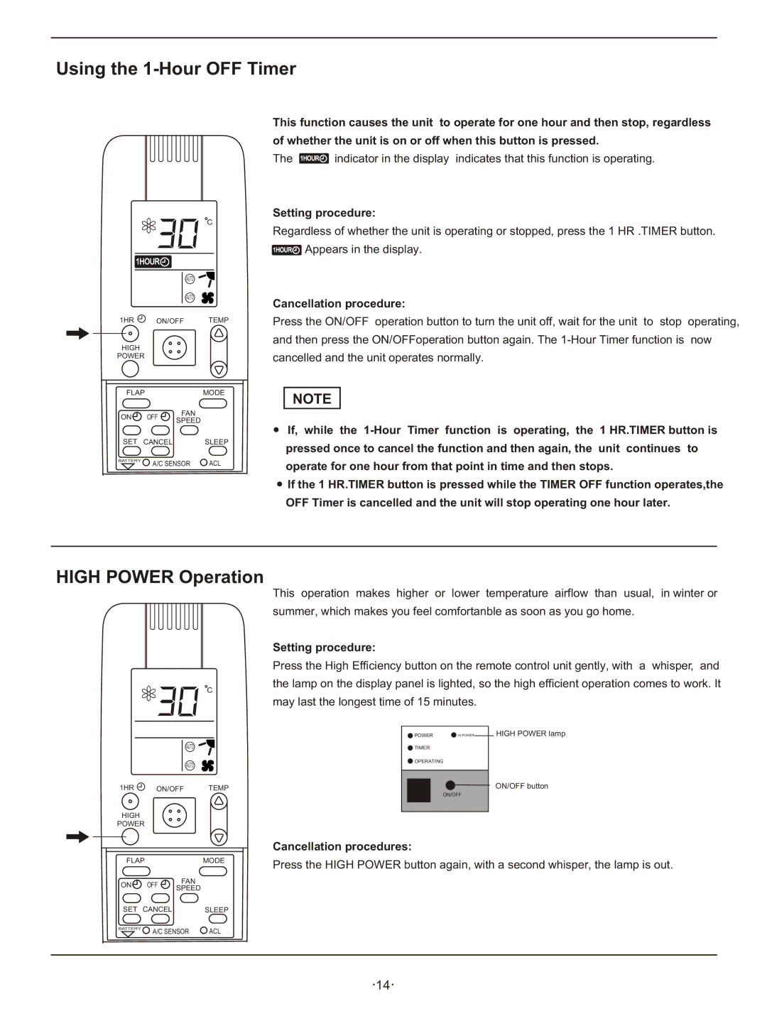 Hisense Group KFR 33GWE, KFR 3201GWE Using the 1-Hour OFF Timer, High Power Operation, Cancellation procedures 