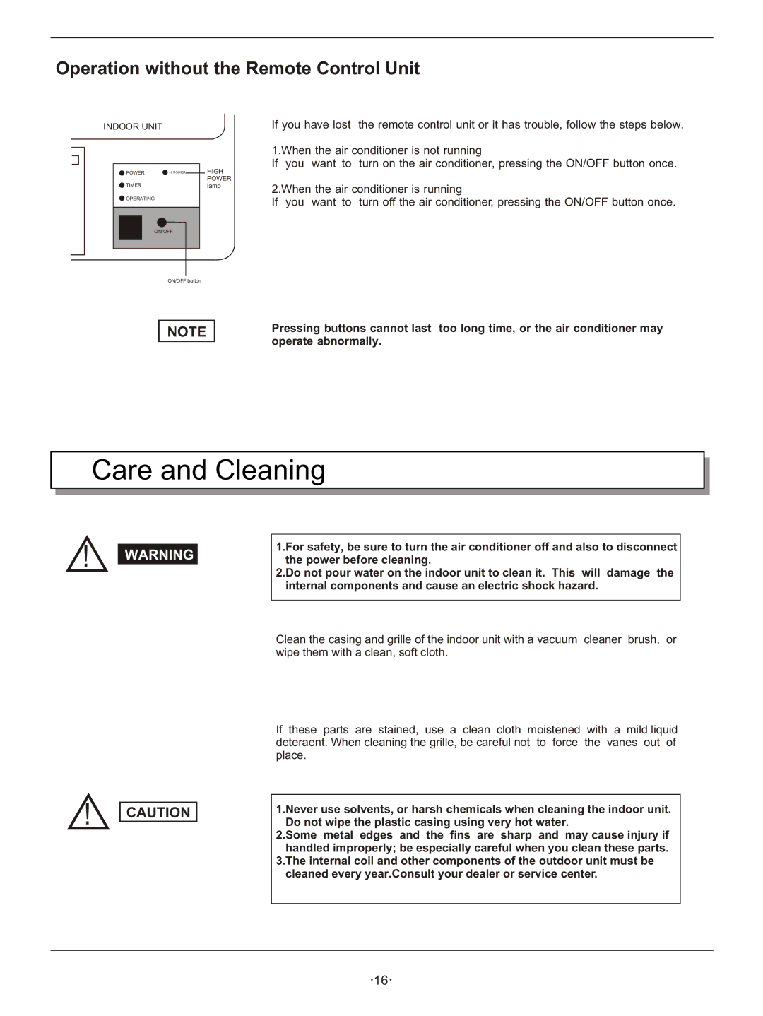 Hisense Group KFR 2101GWE, KFR 3201GWE, KFR 33GWE, KFR 28GWE Care and Cleaning, Operation without the Remote Control Unit 