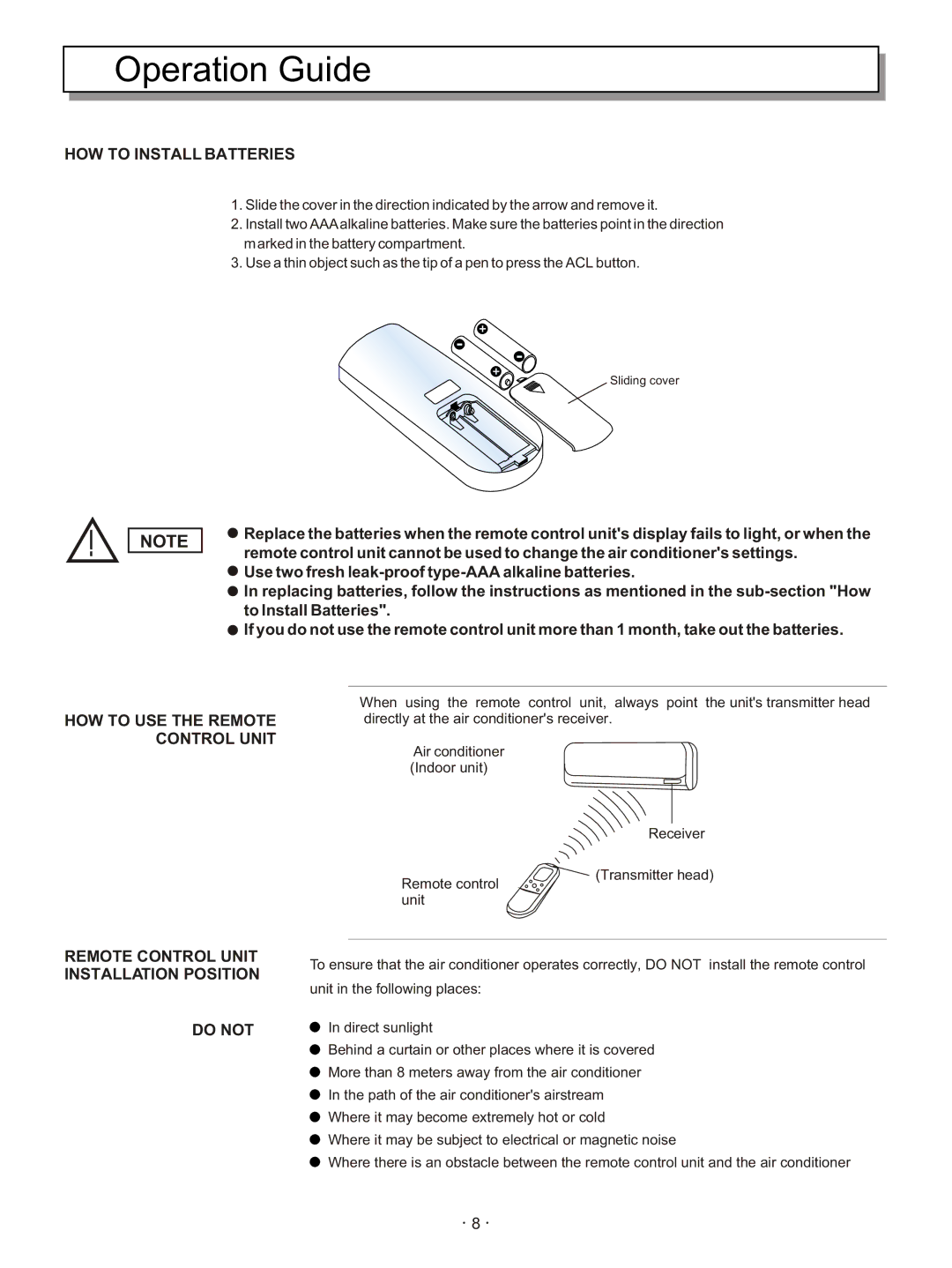 Hisense Group KFR-3208GW instruction manual Operation Guide, HOW to Install Batteries 