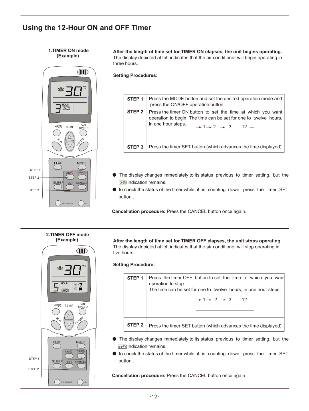 Hisense Group KFR-3208GW Using the 12-Hour on and OFF Timer, Timer on mode Example, Timer OFF mode Example 