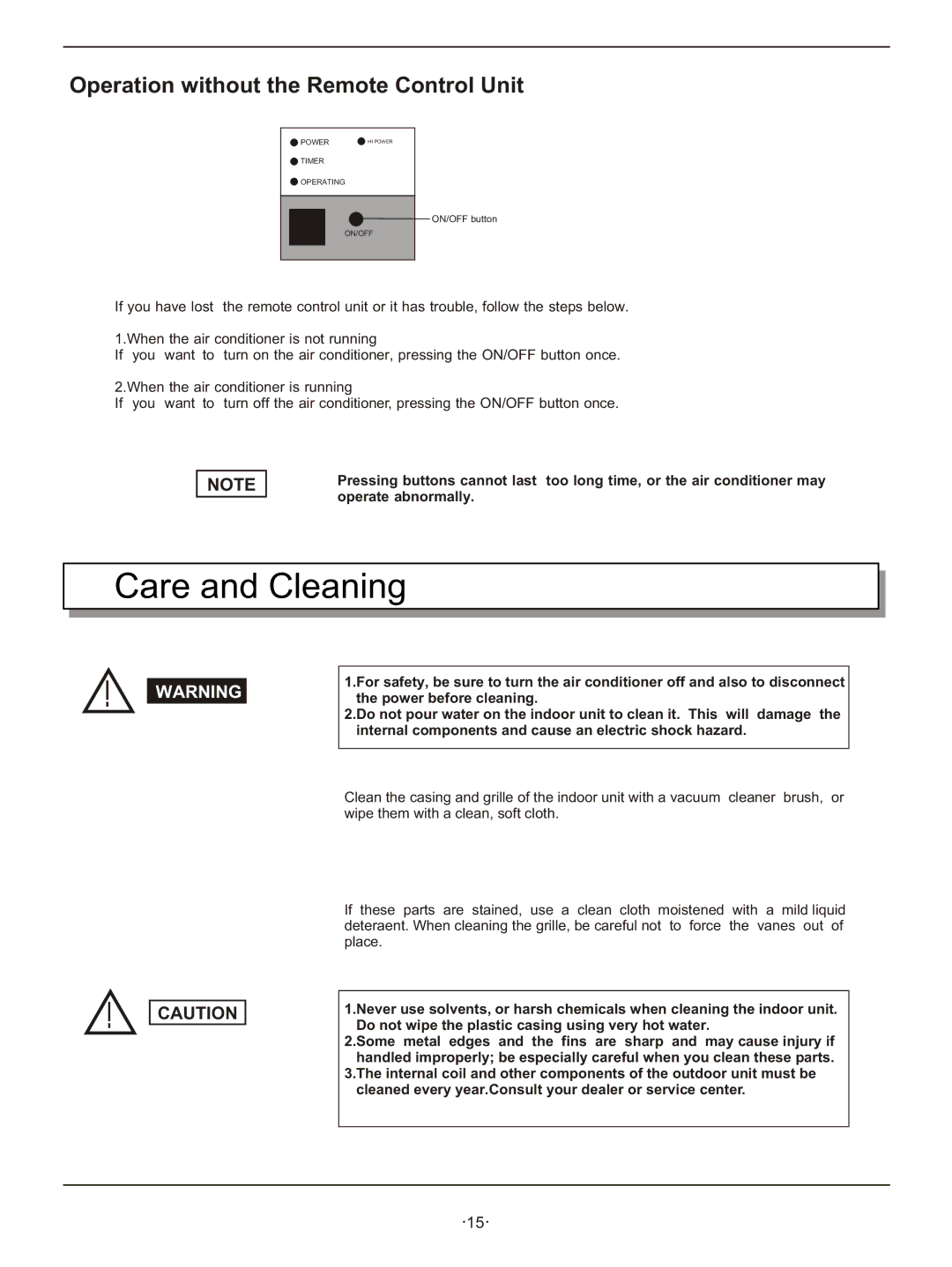 Hisense Group KFR-3208GW instruction manual Care and Cleaning, Operation without the Remote Control Unit 