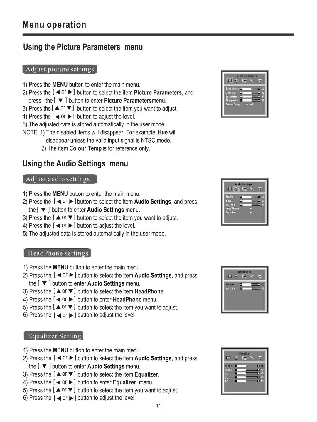 Hisense Group LCD COLOUR TV user manual Menu operation, Using the Picture Parameters menu, Using the Audio Settings menu 