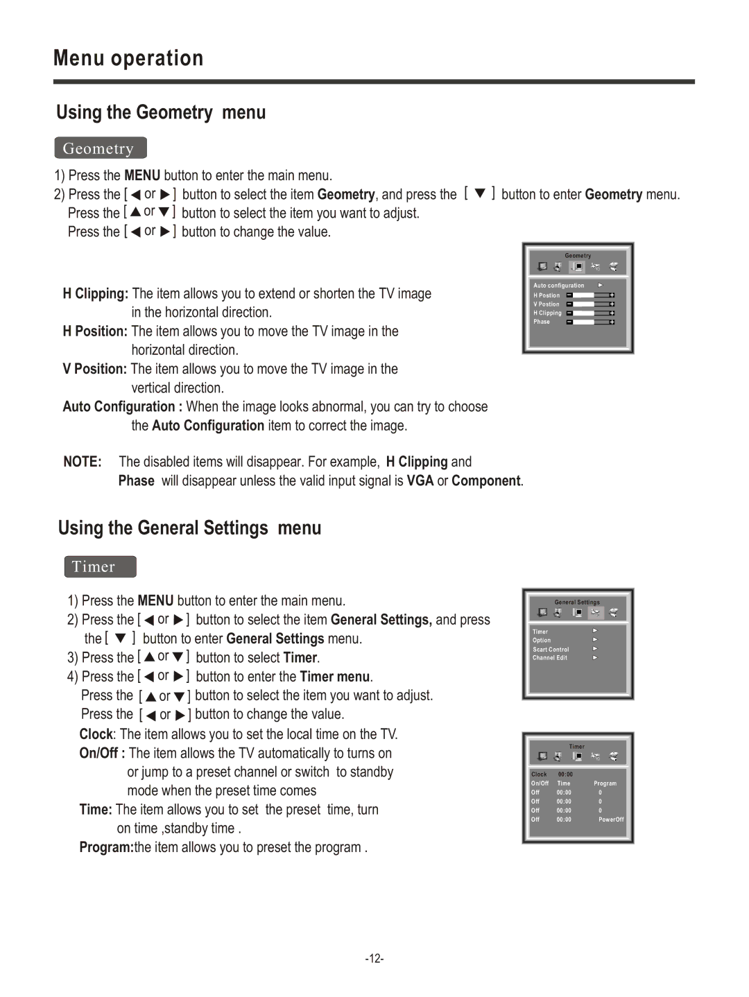 Hisense Group LCD COLOUR TV user manual Using the Geometry menu, Using the General Settings menu, Timer 