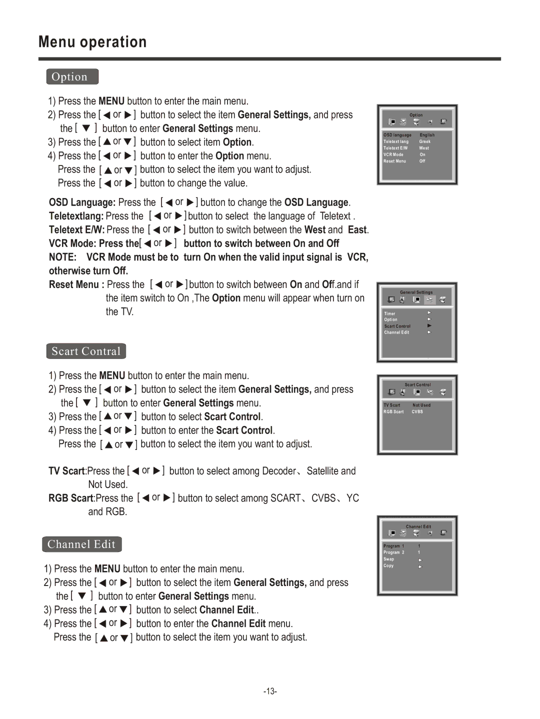 Hisense Group LCD COLOUR TV user manual Option, Scart Contral, Channel Edit 