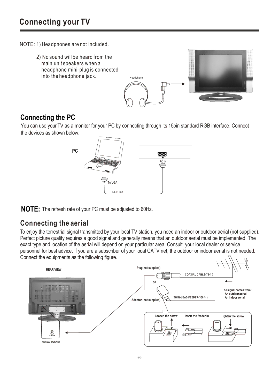 Hisense Group LCD COLOUR TV user manual Connecting the PC, Connecting the aerial 