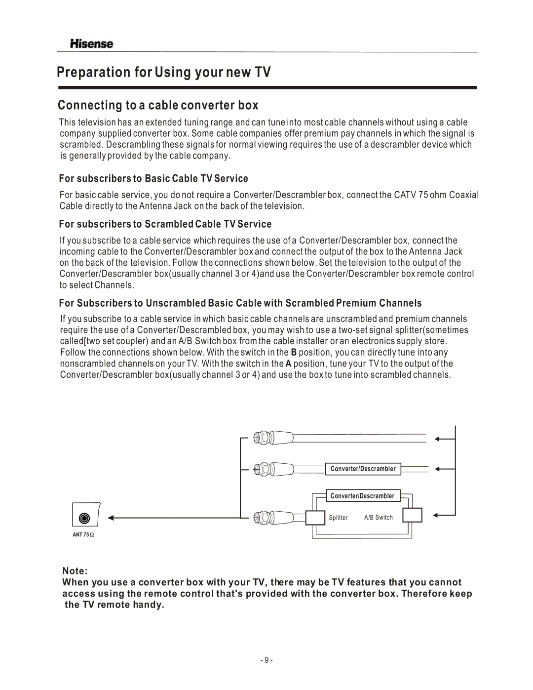 Hisense Group LCD1504US user manual Preparation for Using your new TV, Connecting to a cable converter box 