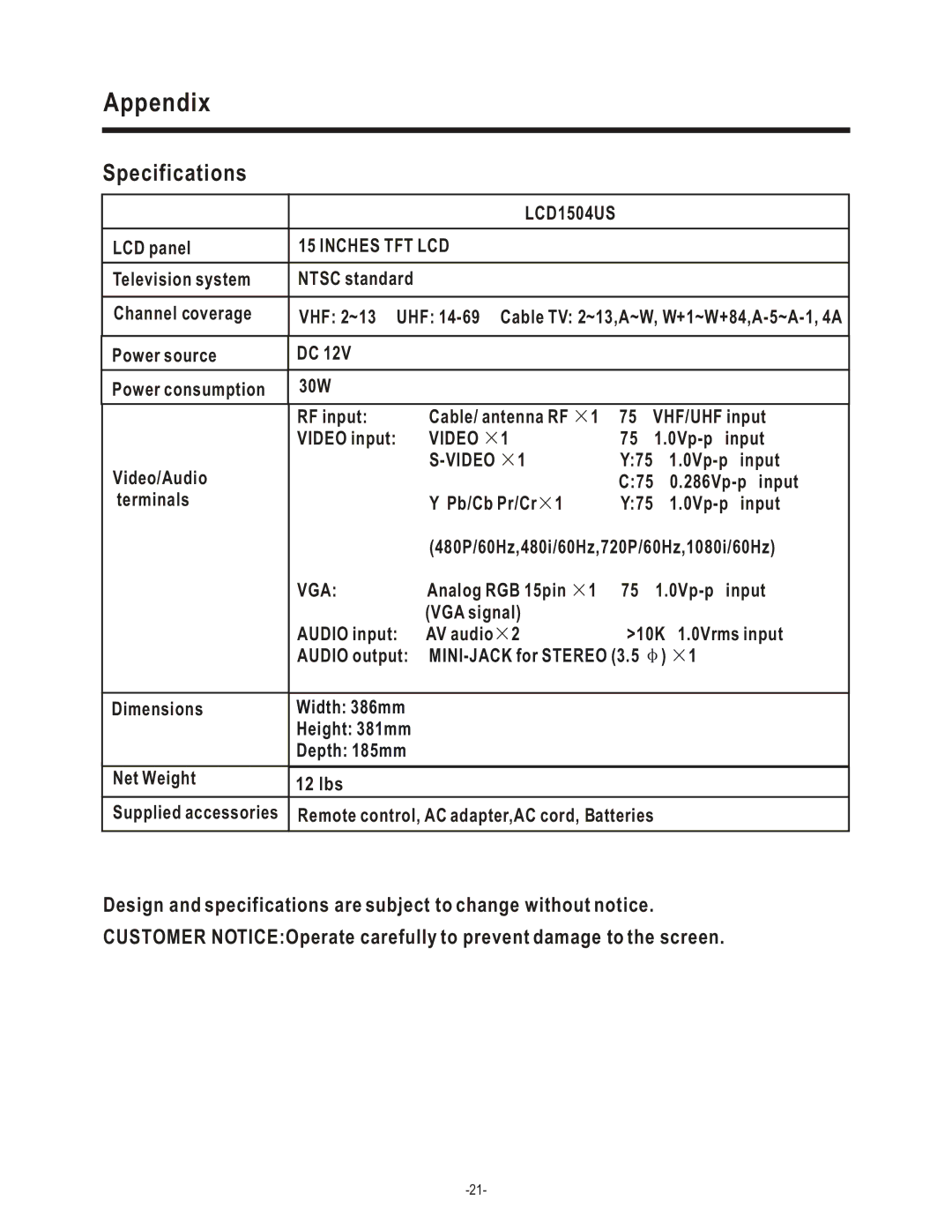 Hisense Group LCD1504US user manual Specifications, Inches TFT LCD 