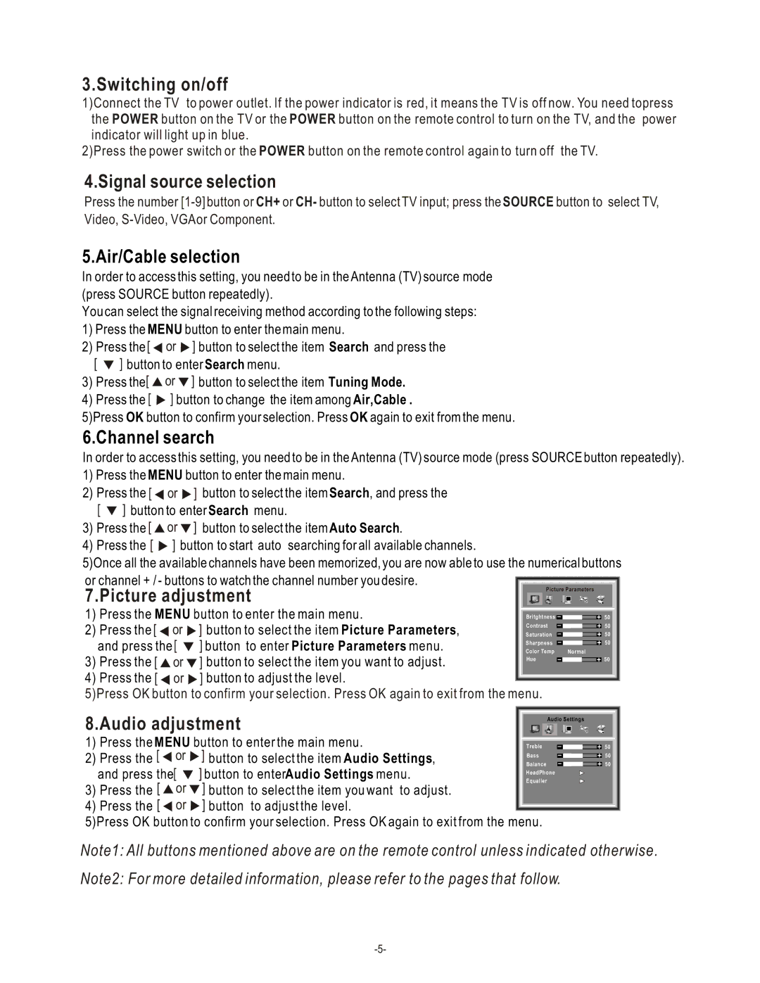 Hisense Group LCD1504US user manual Switching on/off, Signal source selection, Picture adjustment, Audio adjustment 