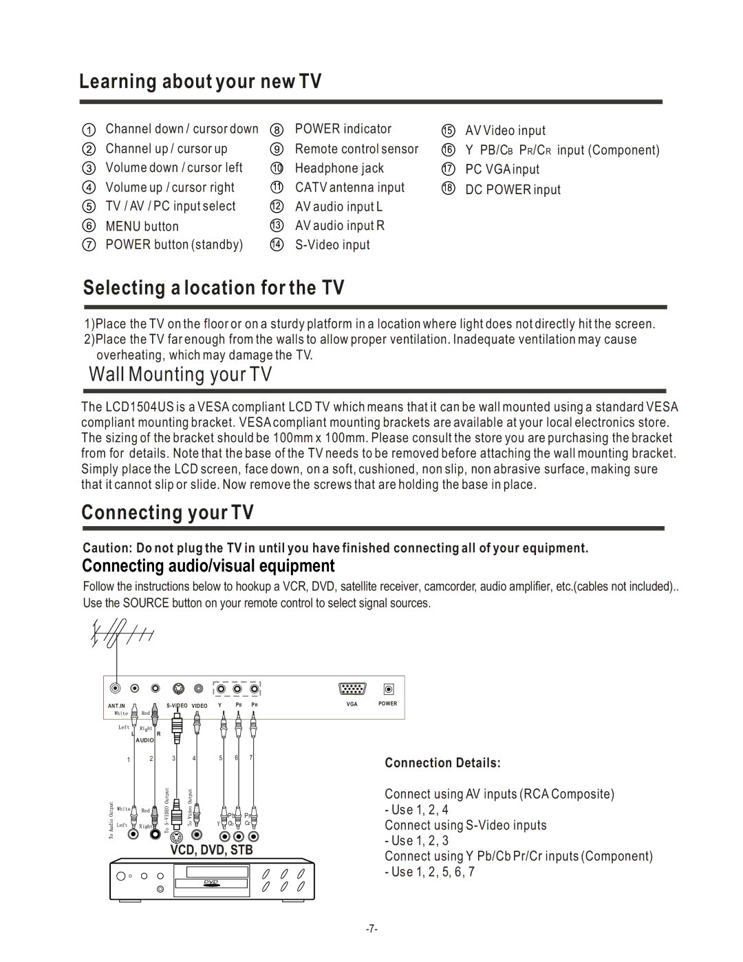 Hisense Group LCD1504US user manual Selecting a location for the TV, Connecting your TV, Connection Details 