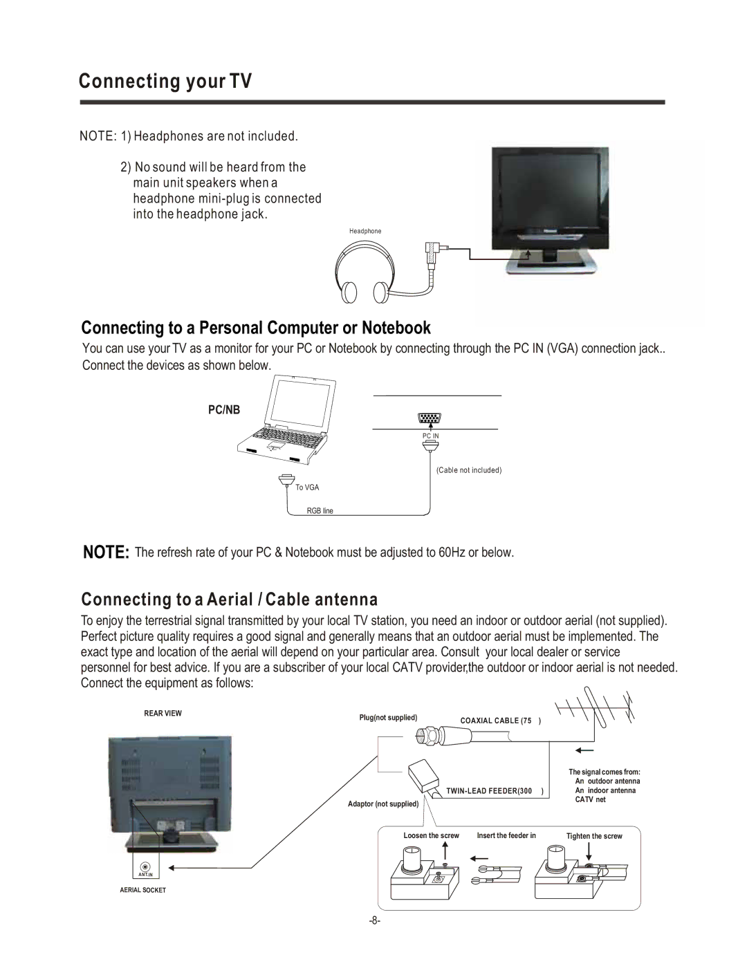 Hisense Group LCD1504US user manual Connecting to a Personal Computer or Notebook, Connecting to a Aerial / Cable antenna 