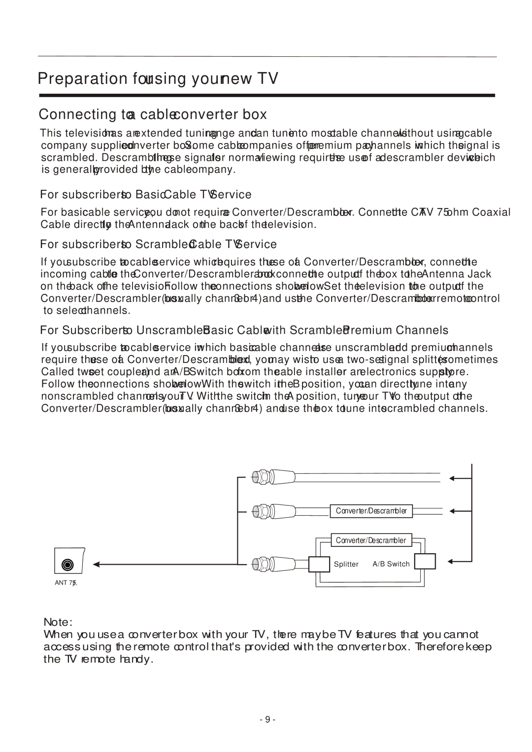 Hisense Group LCD2004US user manual Preparation for using your new TV, Connecting to a cable converter box 