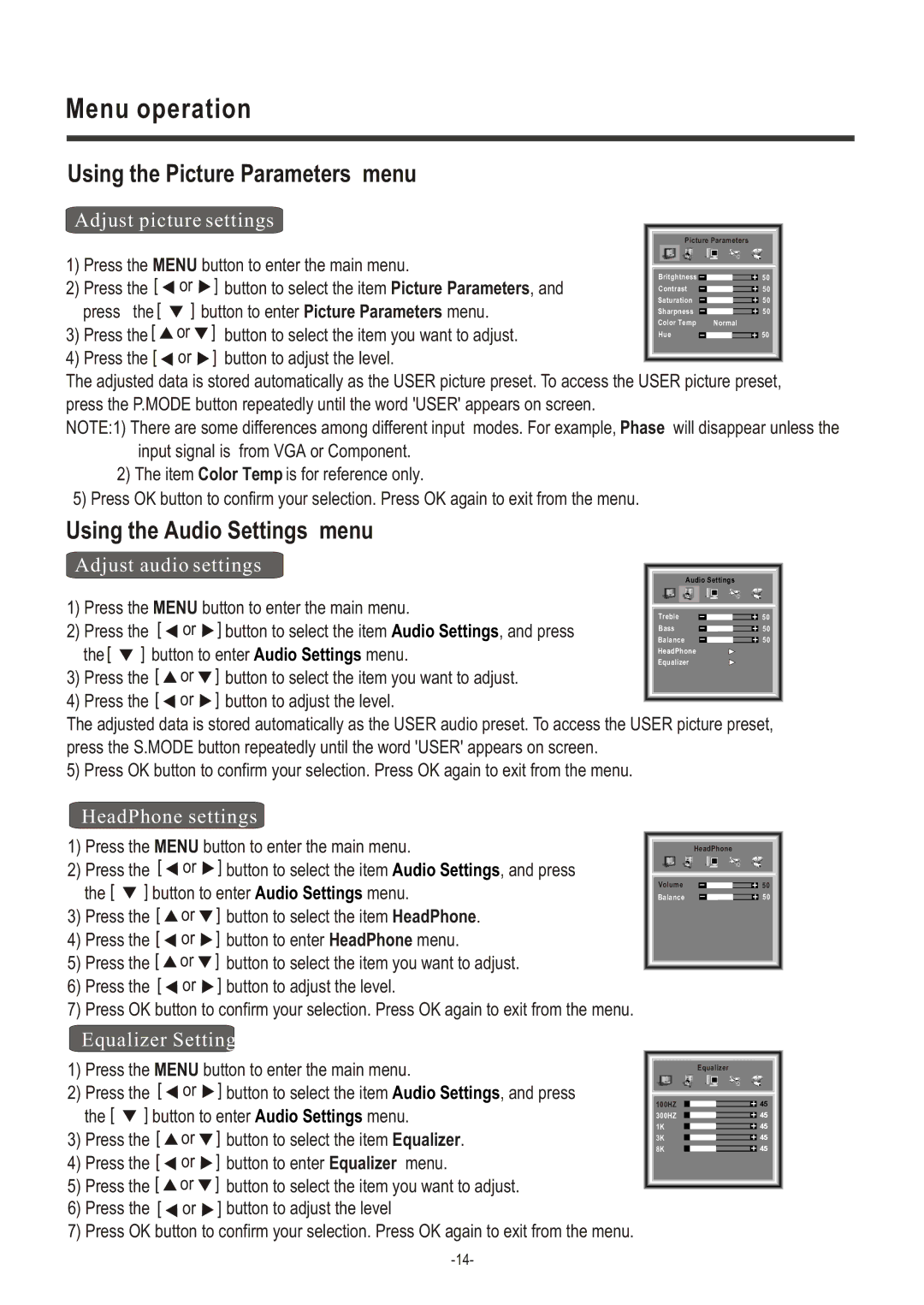 Hisense Group LCD2004US user manual Menu operation, Using the Picture Parameters menu, Using the Audio Settings menu 