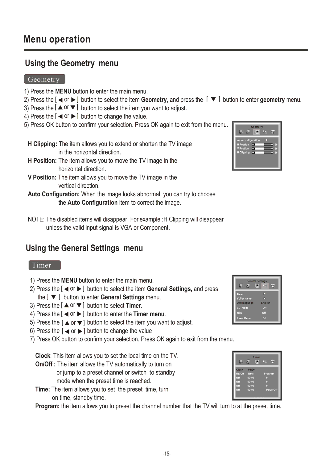 Hisense Group LCD2004US user manual Using the Geometry menu, Using the General Settings menu, Timer 