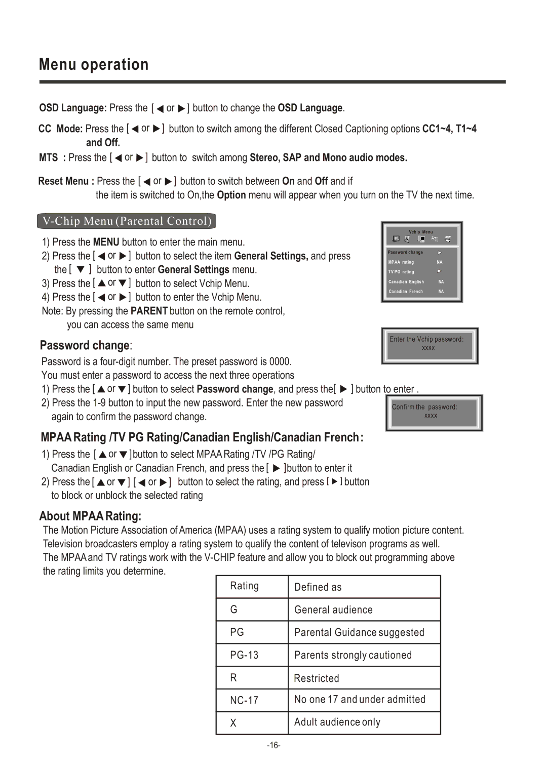 Hisense Group LCD2004US user manual Password change, Chip Menu Parental Control 